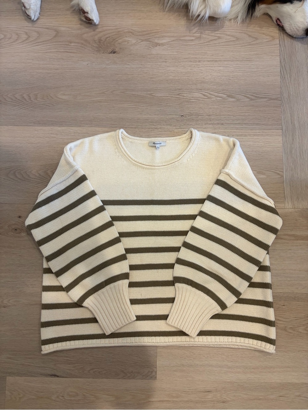 Madewell 100% Cotton Striped Crewneck Sweater in Cream and Olive, Size M